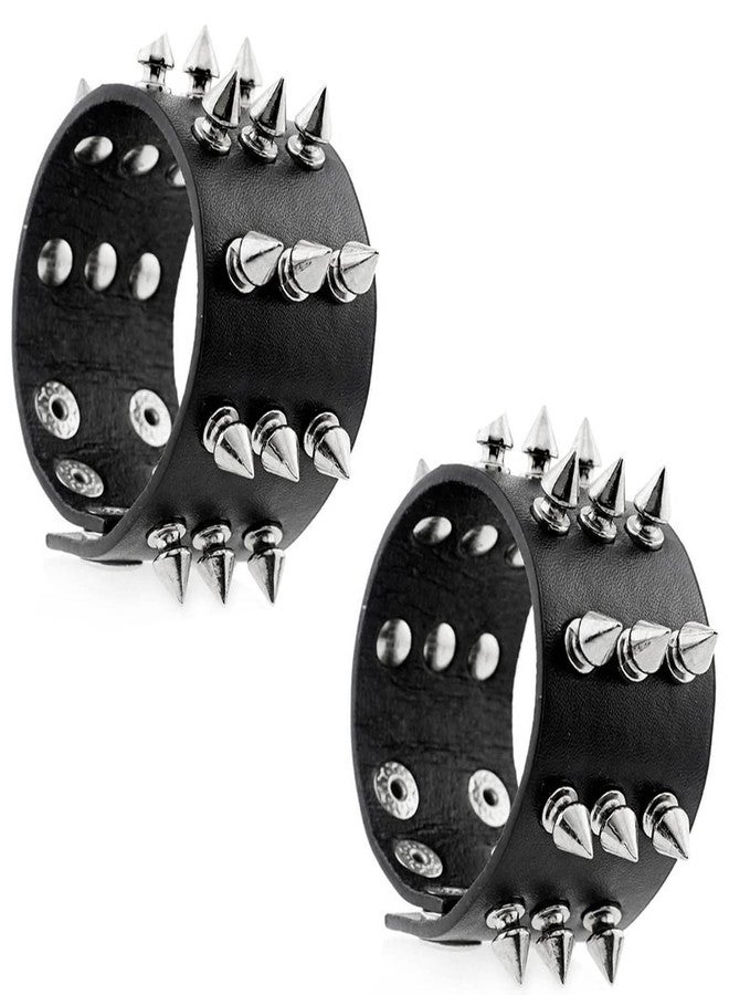 FIRAZIO 2 Pieces Punk Studded Bracelet Black Leather Rivet Bracelet Cuff Wrap Bangle for Women Men Snap Button Goth Rock Wristband Bracelet Unisex for Halloween Party Favors Accessories - Image 1